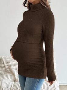 SHEIN 孕婦純色哺乳功能休閒日常穿著上衣 - 棕色 - 查看 11