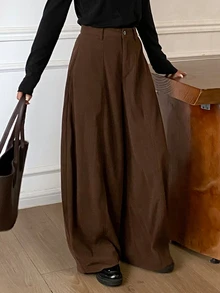 DAZY Celana Panjang Wanita Model Korduroi Polos dengan Sabuk dan Potongan Melengkung, Kasual untuk Liburan Musim Gugur/Dingin, Cocok untuk Wanita. - Coklat - View 6