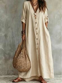 Linhara CURVE Autumn/Winter New Minimalist Versatile V-Neck Button-Down Single-Breasted Long Sleeve A-Line Dress, Fashion Slimming Figure-Flattering Plus Size Dress - Apricot - View 5