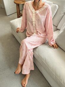DAZY Autumn/Winter Sweet Plaid Bow Ruffle Loose Women's Pajama Set - Pink - View 4
