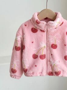 SHEIN LMoss Kids LMoss 女嬰可愛休閒愛心圖案毛絨立領夾克，適合秋冬穿著 - 粉色 - 查看 7