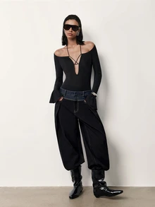MERLEAU Women's Modern Front Hollow Long Sleeve Bodysuit - Black - View 6