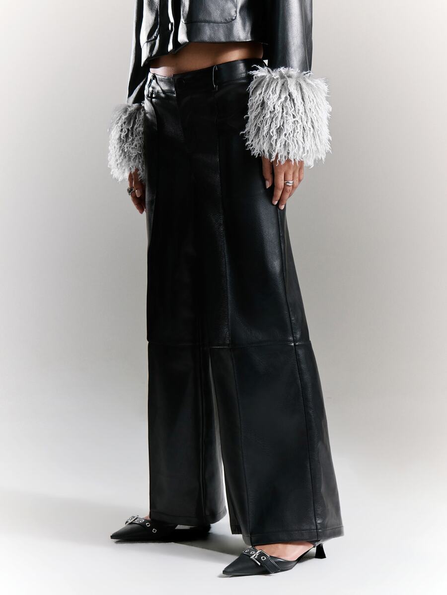 BAD SUNDAY Women's Low Waist PU Straight Leg Pants, Y2K Millennium Style, Sexy Versatile, Suitable For All Seasons - Black - View 1