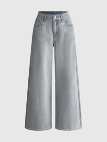 ROMWE Goth Damen-Jeans mit Spinnennetz-Stickerei, lockerer gerader Beinschnitt - Babyblau - Übersicht 2