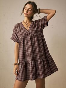 Freevana Plaid Batwing Sleeve Ruffle Hem Loose Dress, Beach Dress, Vacation Bohemian Style, Summer Dresses - Coffee Brown - View 7
