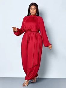 SOLERSUN Jumpsuit Ukuran Besar Model Halter Neck Lengan Panjang Berkerut dengan Celana Panjang Lebar Berlipit di Pinggang, Nuansa Santai Liburan Pantai Warna Burgundy untuk Musim Gugur - Burgundy - View 5