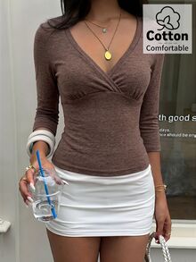 Aloruh Blue-Green V-Neck 3/4 Sleeve Slimming T-Shirt - Brown - View 6