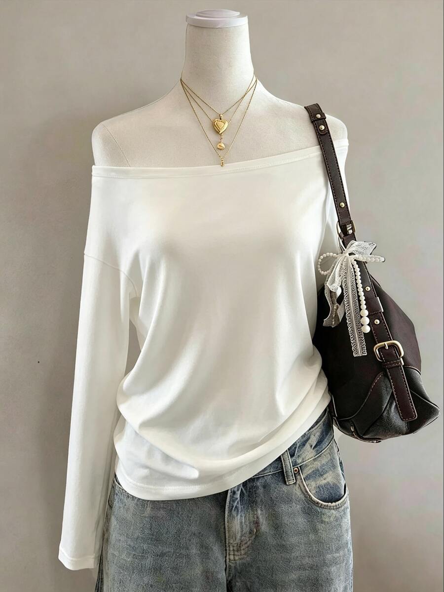 Collagica Collagica Women's Solid Color Off-Shoulder Long Sleeve Casual Top - Multicolor - View 1