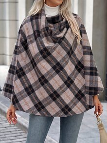 SHEIN Autumn/Winter British Style Casual Elegant Plaid Cape Coat, Ruched Collar Button Decor Loose Plaid Shawl Jacket Everyday Going Out Grey Plaid - Coffee Brown - View 5