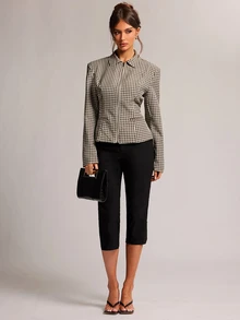 SHEIN BAE Women's Plaid Zipper Front Casual Regular Fit Jacket - Khaki - View 6