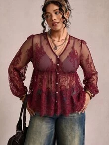 Freevana 女款蕾絲貝殼鈕扣透視襯衫，大尺碼寬鬆優雅上衣，適合日常穿著、外出、通勤、度假，春夏季 - 酒紅色 - 查看 14