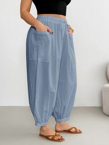 Shapeblank Plus Size Casual Solid Color Double Pocket Pants For Vacation - Dusty Blue - View 4