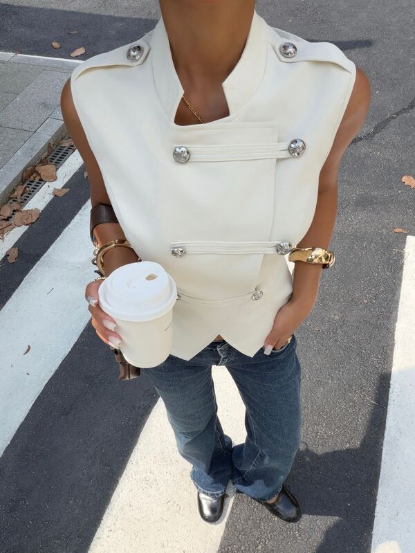 Muchica Women's Ivory Napoleon Button Asymmetrical Hem Vest Jacket, Elegant Tailored Sleeveless Military Blazer Top, Chic Business Casual Summer Going Out