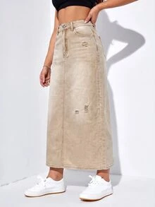 SHEIN EZwear Women's Button-Front Distressed Denim Midi Skirt With Back Slit - Camel - View 5