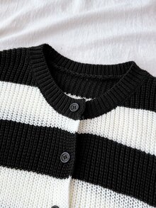 SHEIN 青少年女孩秋冬藍白條紋休閒針織毛衣，簡約時尚，適合日常穿著 - 黑與白 - 查看 4