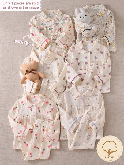 (Random 6-In-1) Young Girl Pastoral Style Elegant Color Palette Floral Bow Bear Pink Tulip Rabbit Print All-Over Pattern Collared Long Sleeve Pants Pajama Set