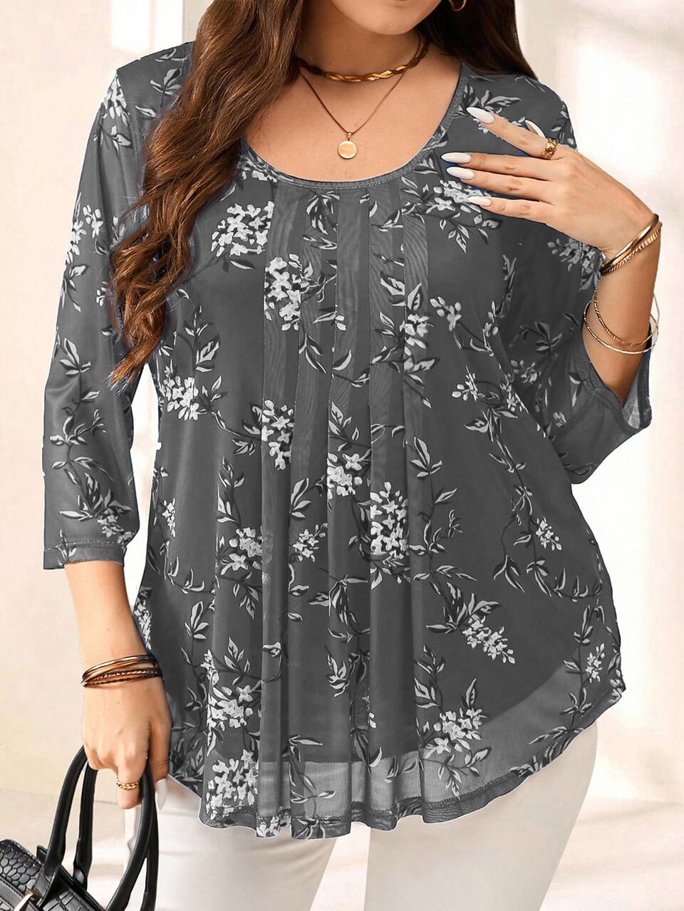 Plus Size Women Navy Floral Print 3/4 Sleeve Shirt,Summer Outfits For Women