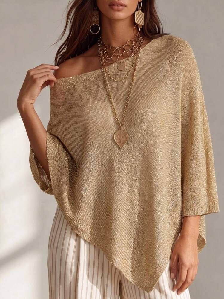 Linhara CURVE Sweater Poncho Cape Putih Gaya Liburan Longgar Kasual Wanita untuk Musim Semi dan Musim Panas - Unta - View 7