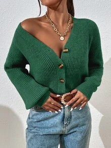 SHEIN LUNE 休閒百搭極簡純色開襟羊毛衫 - 綠色 - 查看 4