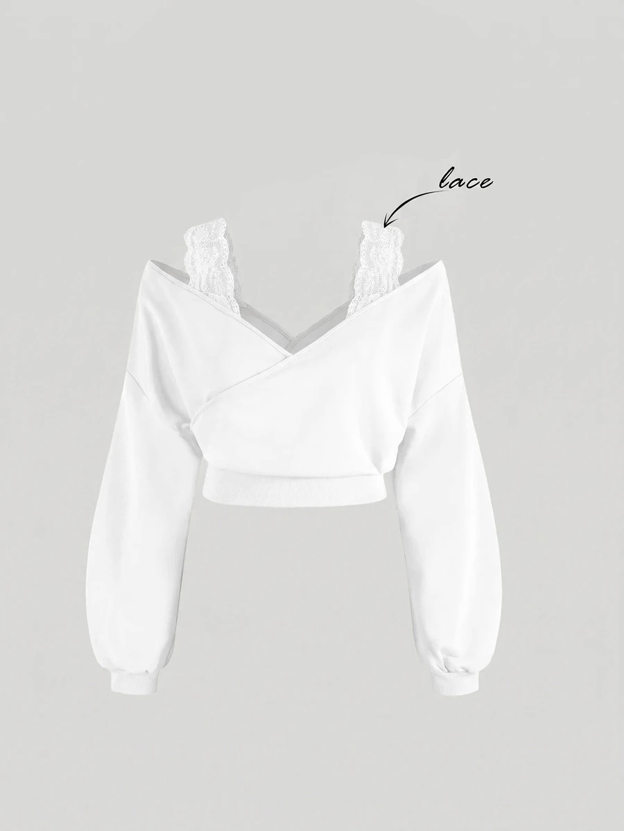 SHEIN MOD 大尺碼韓系百搭蕾絲拼接長袖運動衫 - 白色 - 查看 1