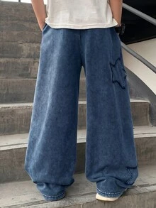 SHEIN 青少年男孩休閒水洗星星拼接運動長褲 - 藏蓝色 - 查看 2