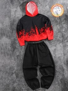 SHEIN 兒童青少年男孩休閒運動黑色連帽衛衣套裝，聖誕紅色衛衣，適合秋冬季、學校、家庭聚會、節日派對，秋季穿搭，冬季穿搭，男孩套裝兒童套裝 - 彩色 - 查看 3