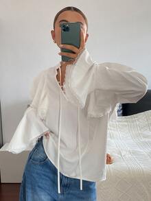 DAZY Solid Color Fitted Ruffle Bell Sleeve Tie Front Elegant Vacation Spring Autumn Blouse For Women - White - View 5