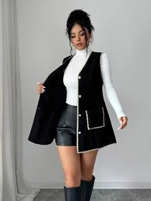 Elenzga Áo vest khoác dáng ôm thêu vỏ sò, nút ngọc trai giả, phong cách công sở tinh tế cho mùa Thu/Đông - màu đen - Xem 6
