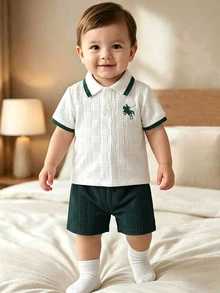 Souflis Souflis 男嬰夏季深綠色學院風提花 Polo 衫與短褲 2 件套，小馬印花翻領短袖套裝，適合日常穿著、聚會與度假 - 墨綠色 - 查看 4