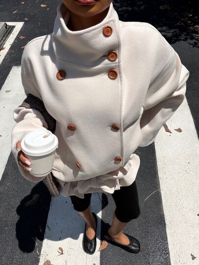 Muchica Women Fall Casual High Neck Double Breasted Wool Blend Coat, Loose Long Sleeve Cropped Button Down Outerwear Jacket