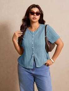 Elaquor Plus Size Women Solid Color Front Button Short Sleeve T-Shirt - Baby Blue - View 5