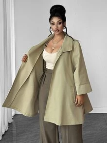 Maweii Plus Size Women's Side Slit 3/4 Sleeve Trench Coat Fall - Khaki - View 6