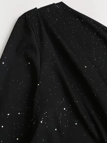 Sweetra New Shiny Fabric Party Evening Elegant Asymmetrical Shoulder Long Sleeve Cinched Waist Ruched Bow Tie Drawstring Side Slit Design Mini Dress - Black - View 6