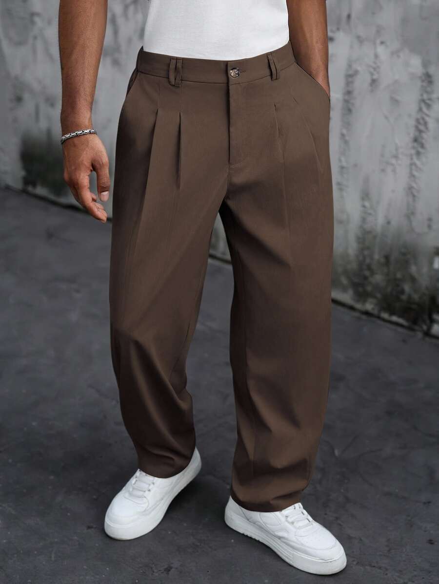 SLATEMANN Men's Solid Color Pleated Straight Leg Casual Pants With Pockets - Coffee Brown - View 1