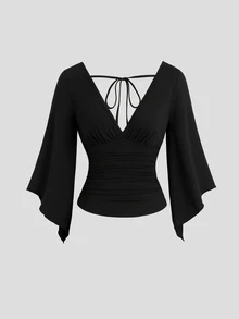 SHEIN Unity Casual Versatile Deep V-Neck Bell Sleeve Black Long Sleeve Women's T-Shirt - Black - View 1