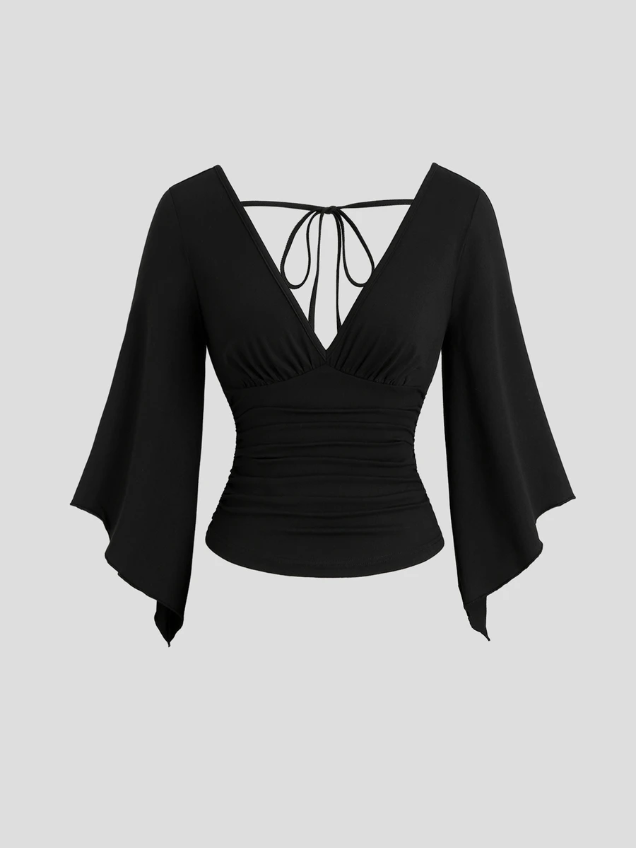 SHEIN Unity Casual Versatile Deep V-Neck Bell Sleeve Black Long Sleeve Women's T-Shirt - Black - View 1