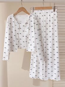 SHEIN Tween女孩秋冬休閒居家服3件套，夾克、背心與長褲，甜美黑白蝴蝶結印花兒童家居服套裝，女孩居家服，適合四季穿著 - 白色 - 查看 1