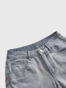 ROMWE Goth Damen-Jeans mit Spinnennetz-Stickerei, lockerer gerader Beinschnitt - Babyblau - Übersicht 3