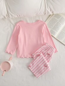 Baby Girl Pink Ribbed Top & Ribbed Bunny Print Pants Set, Loungewear - Pink - View 2