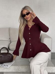 Mulvari Women's Elegant V-Neck Ruffle Trim Waist-Defining Cardigan, Autumn/Winter Social Clothing New Year - Burgundy - View 3