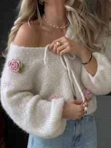 Livesso Women's Sweet Sequin 3D Flower Decor Knitted Cardigan Fall - White - View 5
