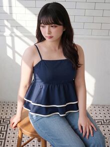 Bijouette 休閒優雅度假風純色梭織大尺碼細肩帶上衣，適合約會、早午餐、早茶、約會之夜與正式場合，海軍藍夏季款 - 藏蓝色 - 查看 6