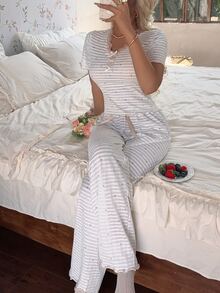 CottageSlumber Cherry Print Lace Short Sleeve Long Pants Pajama Set - Apricot - View 5