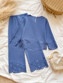 Vintaside Kids Tween Girls' New Fashion Pastoral Embroidered Hollow Long Sleeve Top And Pants Set, Suitable For Autumn/Winter - Blue - View 2