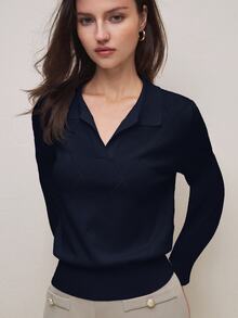 BizChic 海軍藍女款針織毛衣 春季 Polo 領翻領 菱格紋編織鉤針長袖 優雅簡約休閒 早午餐約會日常穿搭 - 藏蓝色 - 查看 6