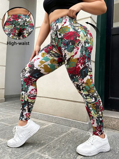 SHEIN Rhythm Era Women's Plus Size High Waist All-Over Print Daily Fitness Sports Leggings