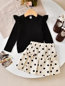SHEIN Elladie kids 女童可愛休閒短袖羅紋上衣搭配時尚印花布料裙，舒適甜美 - 黑色 - 查看 5