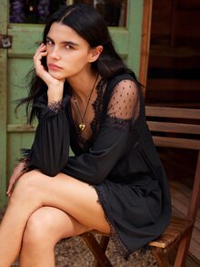Lullawish Bohemian Style Women's Lantern Sleeve Romantic Vacation Lace Short Nightgown - Black - View 6
