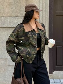 Rivivi Plus Size Women's Camouflage Lapel Casual Versatile Everyday Denim Jacket - Multicolor - View 6