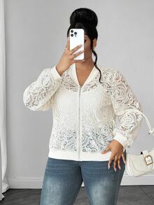 Maweii Plus Size Women's Casual Commute Elegant Hollow Lace Long Sleeve Jacket, Autumn Fall - Apricot - View 3